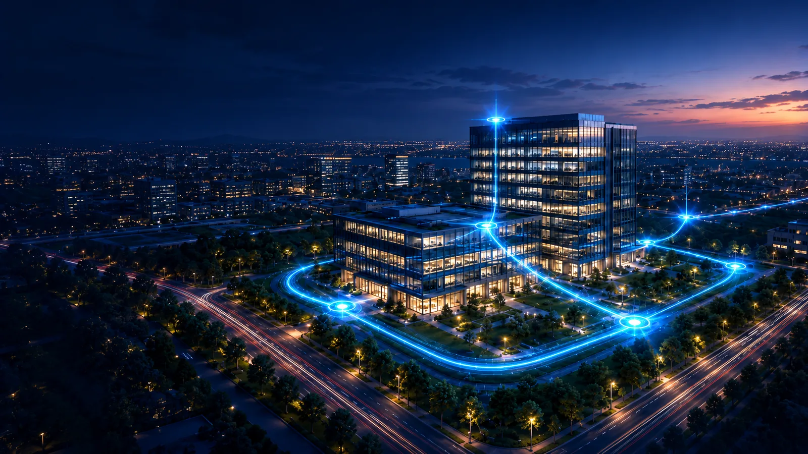 Fiber ağ ile bağlanan modern kurumsal iş yerleşimi