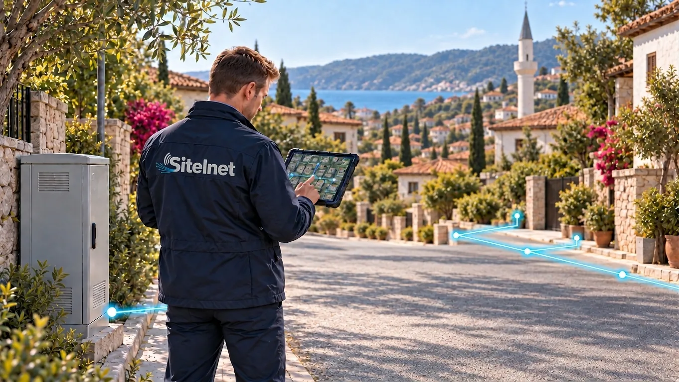 Köy meydanında fiber dağıtım kabinini kuran Sitelnet ekibi