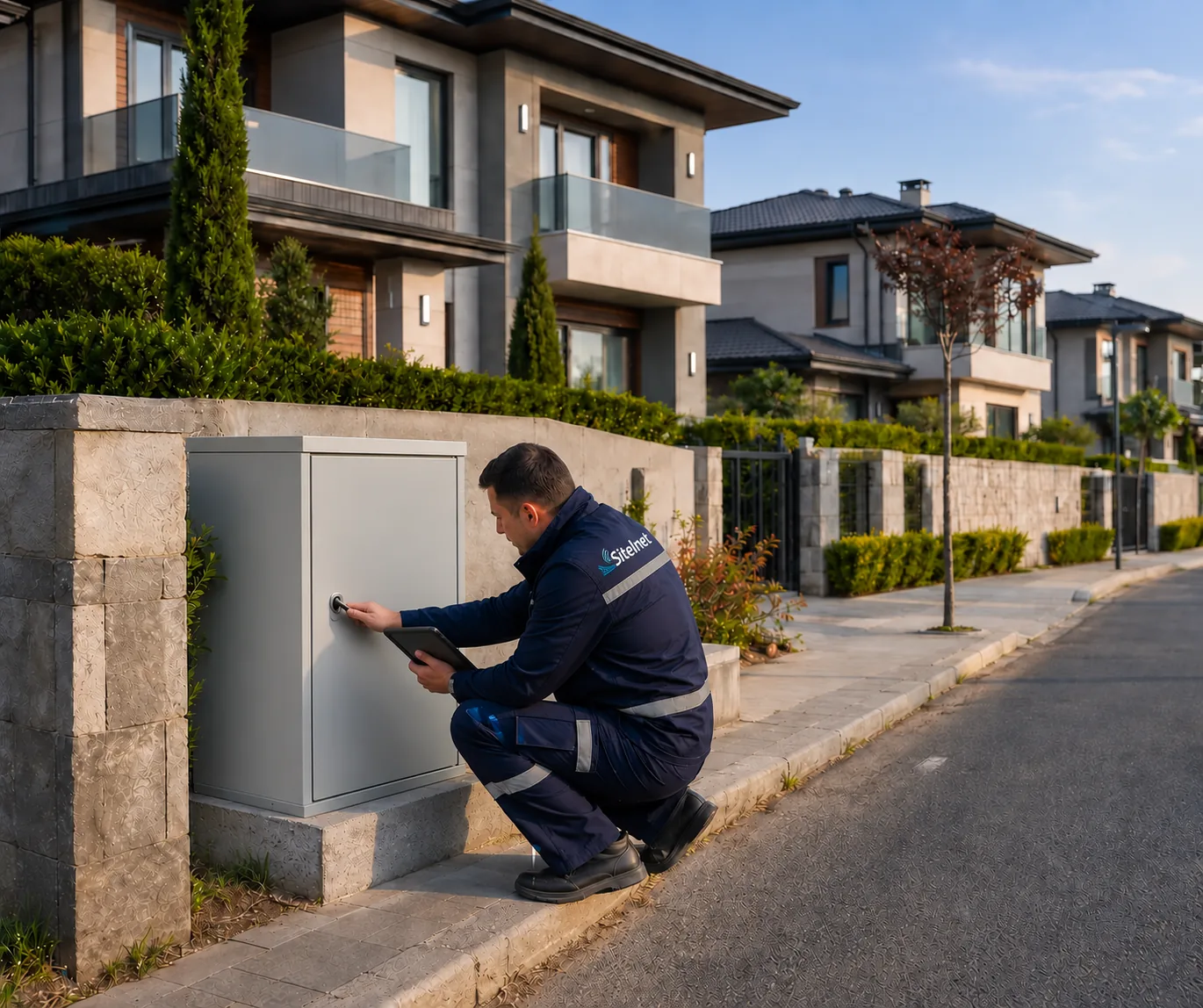 Villa sitesinde fiber dağıtım kabinini tabletle kontrol eden Sitelnet teknisyeni